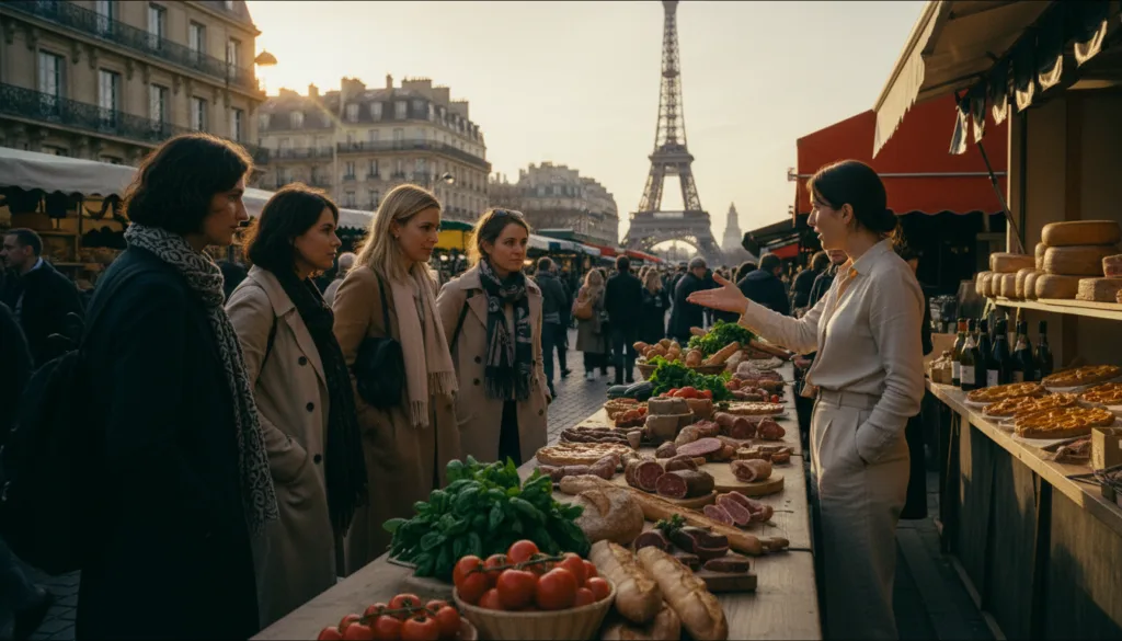 Una escena pintoresca que muestra la gastronomía francesa y los recorridos por la cultura culinaria de París. En primer plano, un guía turístico profesional, con un atuendo elegante pero discreto, se encuentra junto a una larga mesa de madera repleta de ingredientes frescos y coloridos como tomates maduros, albahaca y pan artesanal. En el centro, un pequeño grupo de turistas, vestidos con ropa informal pero refinada, observa atentamente al guía, rodeado de vibrantes puestos de mercado que exhiben una gran variedad de quesos, pasteles y vinos. Al fondo, se aprecian la icónica arquitectura parisina y un cielo suavemente iluminado al atardecer, con una cálida iluminación cinematográfica que realza las texturas de la comida y el entorno. El ambiente es acogedor y está impregnado del aroma de delicias gourmet, capturando la esencia de la herencia culinaria francesa en una impresionante resolución 8K.