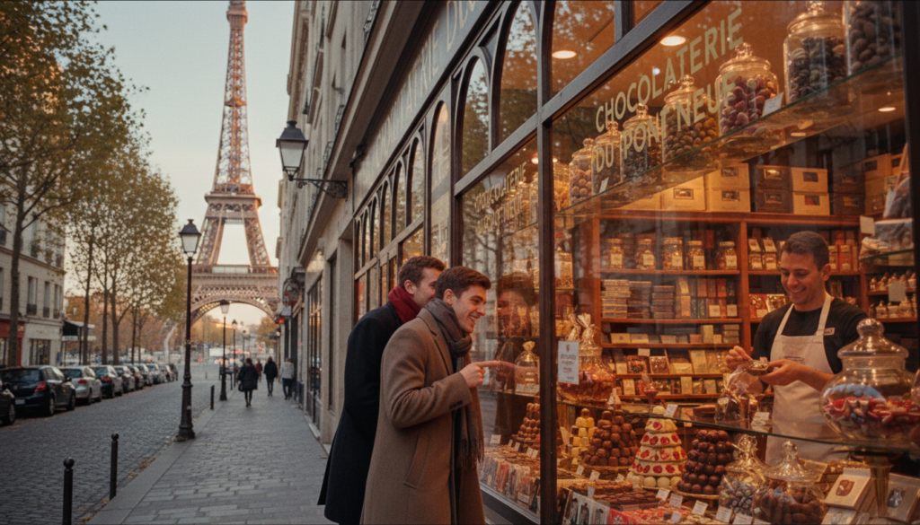 A picturesque street in Paris featuring a charming chocolate shop nestled among classic Haussmannian buildings, with colorful window displays showcasing an array of artisanal chocolates. In the foreground, a well-dressed couple in modest casual clothing admiring the chocolates through the window, their expressions filled with delight. In the middle ground, a friendly chocolatier is seen assisting another customer, surrounded by neatly arranged boxes and jars of chocolate confections. The background reveals the iconic Eiffel Tower elegantly framed by the tree-lined Parisian street, creating an enchanting atmosphere with soft, cinematic lighting at golden hour. The scene captures the romance and allure of chocolate tours in distinct Parisian neighborhoods, with highly detailed textures and a resolution of 8k for a vivid, immersive experience.