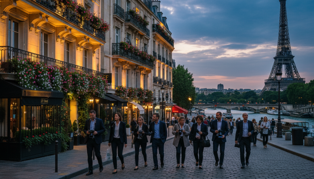 A picturesque street scene showcasing frequently reported EF Tours hotels in Paris. In the foreground, elegant hotel facades adorned with classic Parisian architecture, featuring balconies draped in floral arrangements and warm, inviting lights emanating from the windows. The middle layer includes tourists in professional business attire strolling along the cobblestone street, capturing memories with their cameras. The background presents iconic Paris landmarks such as the Eiffel Tower and the Seine River, partially obscured by soft evening light. The image is rendered with cinematic lighting, emphasizing the warmth of the city as dusk approaches. Captured with a shallow depth of field to create a dreamy atmosphere, this raw photograph displays highly detailed textures in 8k resolution, inviting viewers to immerse themselves in the enchanting Parisian experience. A picturesque street scene showcasing frequently reported EF Tours hotels in Paris. In the foreground, elegant hotel facades adorned with classic Parisian architecture, featuring balconies draped in floral arrangements and warm, inviting lights emanating from the windows. The middle layer includes tourists in professional business attire strolling along the cobblestone street, capturing memories with their cameras. The background presents iconic Paris landmarks such as the Eiffel Tower and the Seine River, partially obscured by soft evening light. The image is rendered with cinematic lighting, emphasizing the warmth of the city as dusk approaches. Captured with a shallow depth of field to create a dreamy atmosphere, this raw photograph displays highly detailed textures in 8k resolution, inviting viewers to immerse themselves in the enchanting Parisian experience.