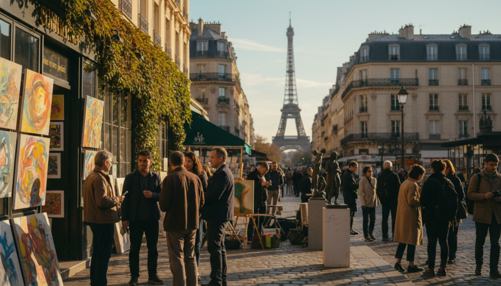 A picturesque street view in Paris, showcasing art and culture enthusiasts immersed in various activities. In the foreground, a diverse group of people in modest casual clothing discussing art pieces outside a charming gallery adorned with colorful paintings. In the middle ground, artists painting on easels and tourists examining sculptures, all illuminated by warm, golden-hour lighting that enhances the rich textures of the historic buildings. The background features iconic Parisian architecture, including the Eiffel Tower in soft focus, against a clear blue sky. The scene evokes a vibrant, creative atmosphere, capturing the heart of Paris as an art and culture hub. Shot with an 85mm lens for depth and perspective, in 8k resolution, with cinematic lighting to emphasize details and textures. A picturesque street view in Paris, showcasing art and culture enthusiasts immersed in various activities. In the foreground, a diverse group of people in modest casual clothing discussing art pieces outside a charming gallery adorned with colorful paintings. In the middle ground, artists painting on easels and tourists examining sculptures, all illuminated by warm, golden-hour lighting that enhances the rich textures of the historic buildings. The background features iconic Parisian architecture, including the Eiffel Tower in soft focus, against a clear blue sky. The scene evokes a vibrant, creative atmosphere, capturing the heart of Paris as an art and culture hub. Shot with an 85mm lens for depth and perspective, in 8k resolution, with cinematic lighting to emphasize details and textures.