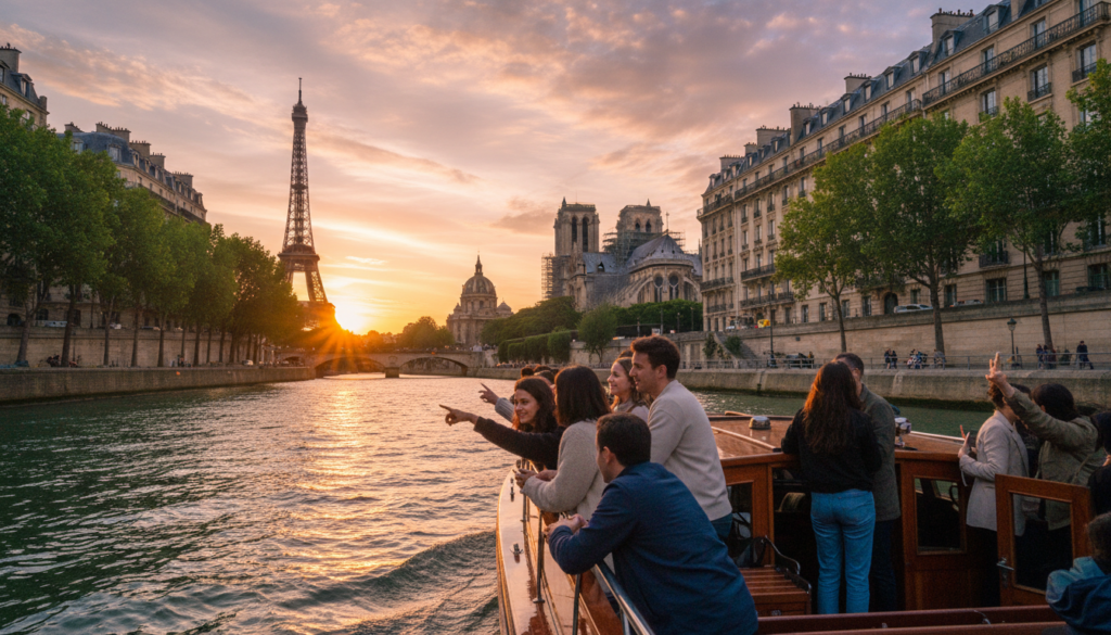 A picturesque view from a boat tour on the Seine River in Paris, capturing iconic landmarks like the Eiffel Tower, Notre-Dame Cathedral, and the Louvre Museum amidst lush riverside trees. The foreground features the boat with passengers enjoying the scenic ride, dressed in casual but modest clothing, soaking in the sights. The middle ground showcases the elegant architecture of Parisian buildings along the river, reflecting shimmering light. In the background, the distant glow of the sunset casts an enchanting hue over the landmarks, creating a warm and inviting atmosphere. The scene is rendered in 8k resolution with highly detailed textures, utilizing cinematic lighting and a dynamic angle that draws viewers into the experience of exploring Paris by boat.