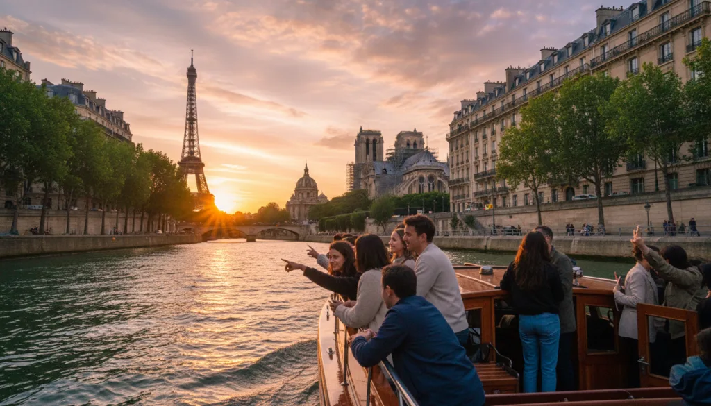 Una vista pintoresca desde un paseo en barco por el río Sena en París, que captura monumentos emblemáticos como la Torre Eiffel, la Catedral de Notre-Dame y el Museo del Louvre entre frondosos árboles ribereños. En primer plano, se aprecia el barco con pasajeros que disfrutan del paseo panorámico, vestidos con ropa informal pero discreta, contemplando el paisaje. En el plano medio, se exhibe la elegante arquitectura de los edificios parisinos a lo largo del río, reflejando una luz brillante. Al fondo, el resplandor lejano del atardecer proyecta un tono encantador sobre los monumentos, creando una atmósfera cálida y acogedora. La escena está renderizada en resolución 8K con texturas de gran detalle, utilizando iluminación cinematográfica y un ángulo dinámico que sumerge al espectador en la experiencia de explorar París en barco.