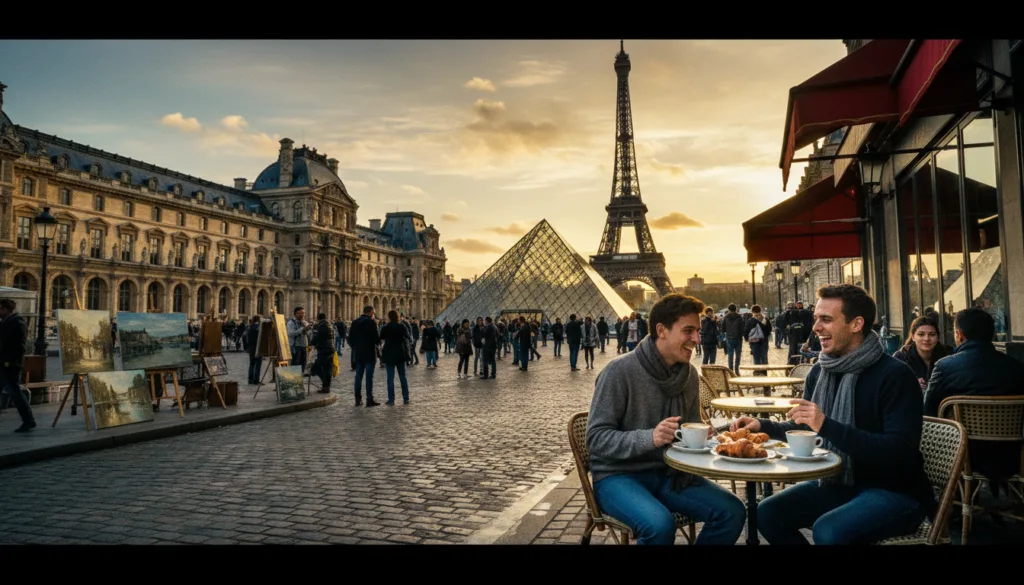 Una vista pintoresca de las atracciones turísticas más emblemáticas de París, que muestra la Torre Eiffel, el Museo del Louvre y la vibrante vida callejera de Montmartre. En primer plano, una pareja vestida con ropa informal disfruta de un café en la calle, saboreando pasteles y café. En el plano medio, se aprecia la imponente arquitectura del Louvre, con turistas admirando la pirámide de cristal, mientras artistas animados exhiben sus obras cerca. Al fondo, la majestuosa silueta de la Torre Eiffel se recorta contra un cielo al atardecer, tiñéndose de cálidos tonos dorados. La iluminación cinematográfica realza la escena, revelando texturas muy detalladas de los edificios y la calle. La imagen evoca una atmósfera alegre y cultural, rica en el encanto parisino, filmada en resolución 8K.