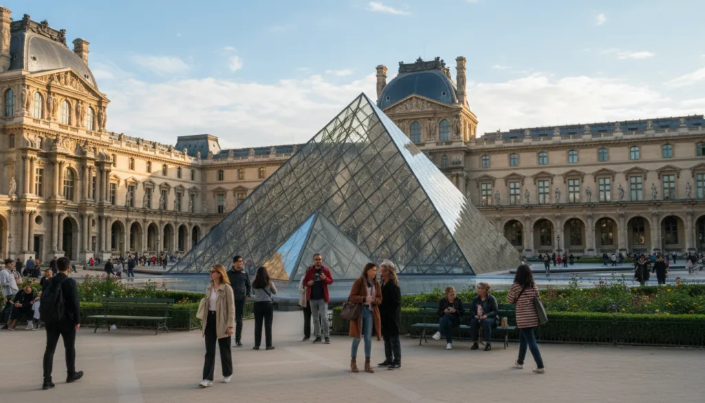 Una pintoresca vista del patio del Museo del Louvre en París, que muestra su icónica pirámide de cristal rodeada de exuberantes jardines. En primer plano, diversos grupos de visitantes pasean tranquilamente, admirando la arquitectura y tomando fotos, vestidos con elegante ropa informal. En segundo plano, la luz del sol se refleja en las superficies de cristal de la pirámide, reflejando el cielo azul. El fondo muestra edificios históricos parisinos con sutiles detalles de arquitectura clásica. La escena está infundida con una iluminación suave y cinematográfica que crea sombras sugerentes y resalta texturas, transmitiendo una atmósfera cálida y acogedora de exploración cultural. La imagen debe capturarse en resolución 8k para resaltar los detalles del museo y los visitantes, sin texto ni distracciones.
