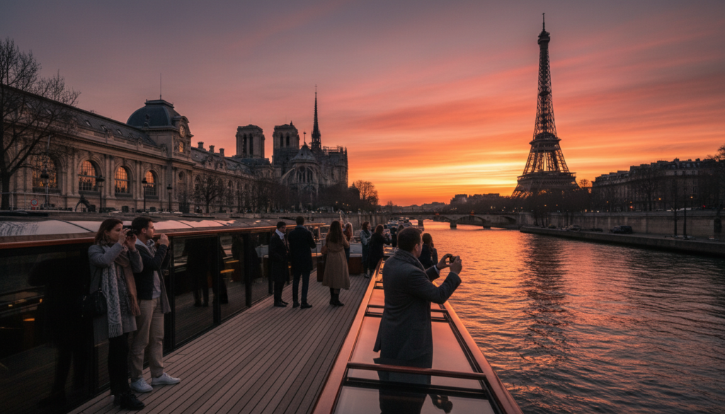 A picturesque view of the Seine River in Paris, featuring iconic landmarks seen from a luxurious riverboat tour. In the foreground, a elegantly designed riverboat with tourists admiring the scenery, some casually dressed in modest clothing, capturing the moment. In the middle ground, the enchanting architecture of famous Parisian buildings, including the Musée d'Orsay and Notre-Dame Cathedral, illuminated by soft, cinematic lighting that highlights intricate details and textures. The Eiffel Tower majestically rises in the background, framed by a vibrant sunset sky casting a warm glow over the serene waters of the Seine. The image should convey a romantic, dreamlike atmosphere, evoking the beauty and allure of Paris at dusk, all captured in stunning 8k resolution.