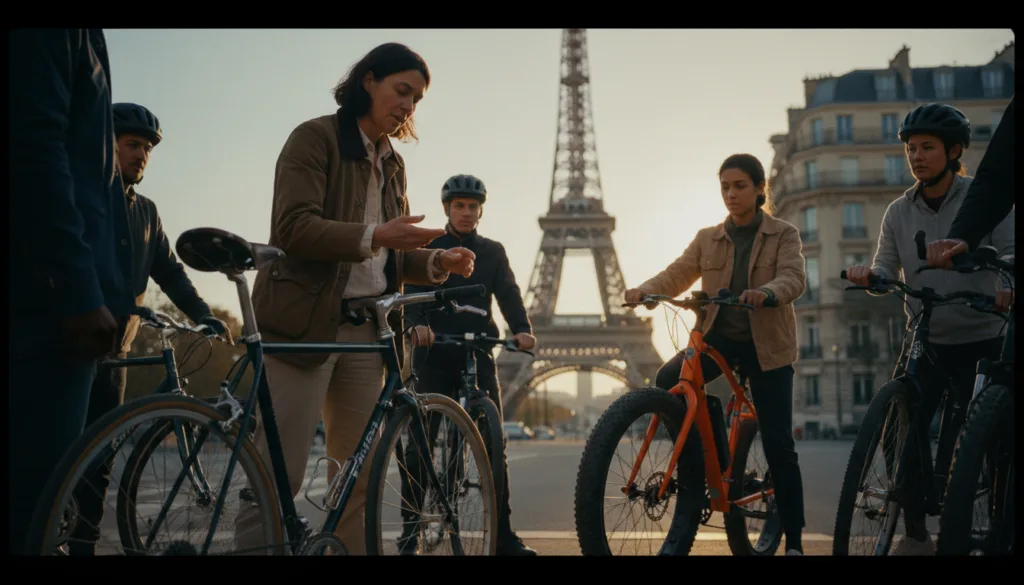 Escena previa a la salida en bicicleta en París, con un pequeño grupo de ciclistas de diferentes orígenes reunidos alrededor de una instructora experta. En primer plano, una instructora con ropa informal pero profesional demuestra los ajustes correctos de la bicicleta, centrándose en el tamaño del cuadro y la altura del sillín. En el centro, los ciclistas observan atentamente; uno lleva casco y otro ajusta su equipo mientras monta en una vibrante bicicleta de ruedas anchas. Al fondo se aprecian monumentos parisinos emblemáticos como la Torre Eiffel, ligeramente difuminados para enfatizar el ajuste. El ambiente es dinámico pero concentrado, iluminado por una luz cálida y cinematográfica que resalta las texturas de las bicicletas y los participantes. Filmada desde un ángulo que captura tanto a la instructora como a los entusiasmados ciclistas, esta imagen irradia expectación por la próxima aventura. Resolución 8K.