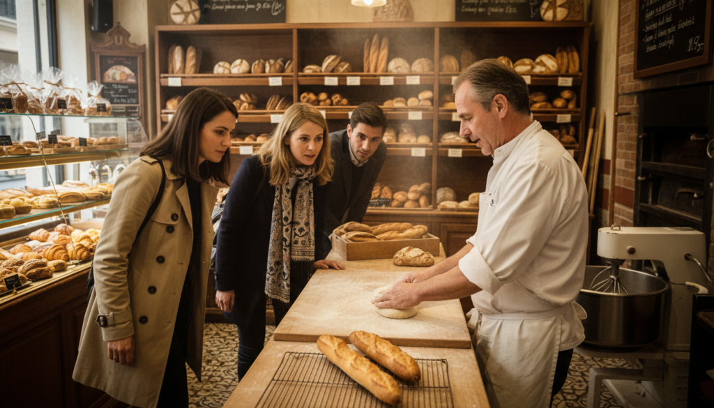A private bakery tour in Paris featuring a local bread expert guiding an intimate group of three people. In the foreground, the bread expert, a middle-aged man in a crisp white shirt and apron, is demonstrating the art of baguette-making, with a perfectly baked baguette beside him. In the middle ground, the three visitors, dressed in smart casual attire, observe attentively, their faces illuminated by warm, soft lighting. The background reveals a quaint, rustic Parisian bakery with shelves filled with artisan bread, pastries, and a display of golden brown croissants under ambient light. The atmosphere is lively yet cozy, highlighting the charm of Parisian bakery culture. The image captures the scene in highly detailed textures, shot in 8k resolution, with a shallow depth of field to focus on the interaction.