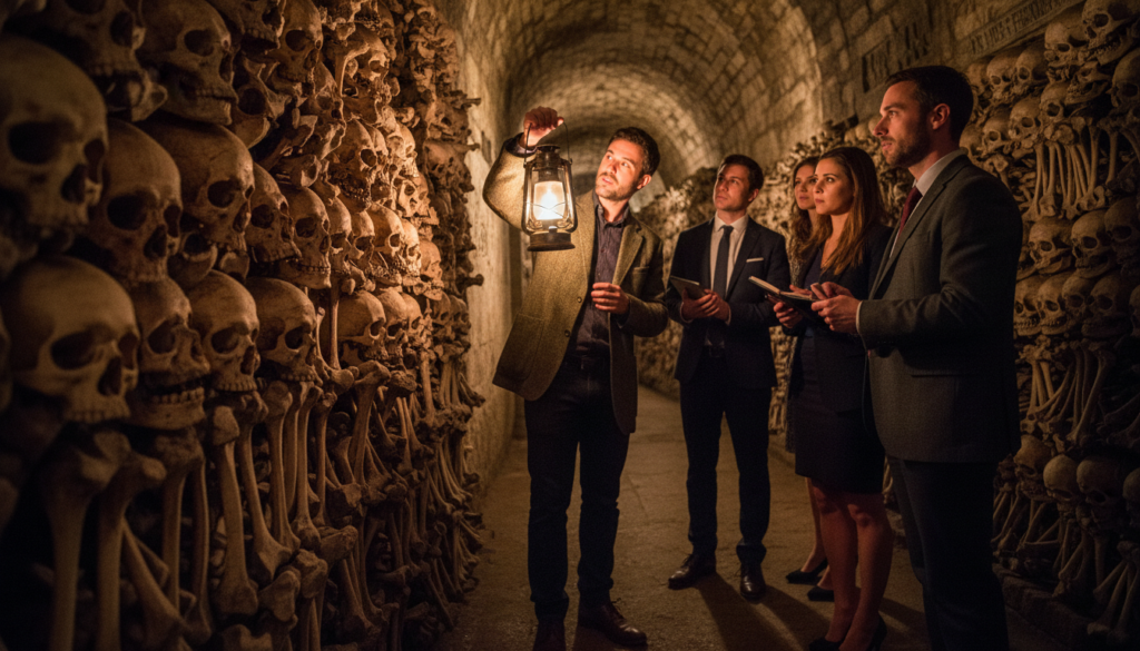 A private catacombs tour experience in Paris, showcasing a small group of tourists in professional business attire, guided by a knowledgeable guide wearing a lantern. The foreground features intricately stacked bones and skulls, illuminated by warm, cinematic lighting that creates a mysterious yet inviting atmosphere. In the middle ground, the group's expressions reflect awe and curiosity as they explore the dimly lit tunnels. The background reveals the ancient stone walls of the catacombs, adorned with detailed carvings and textures, leading deeper into the shadows. Capture this scene with an emphasis on depth and perspective using a low angle and soft focus on the distant paths, in stunning 8k resolution for a highly detailed and immersive visual experience.