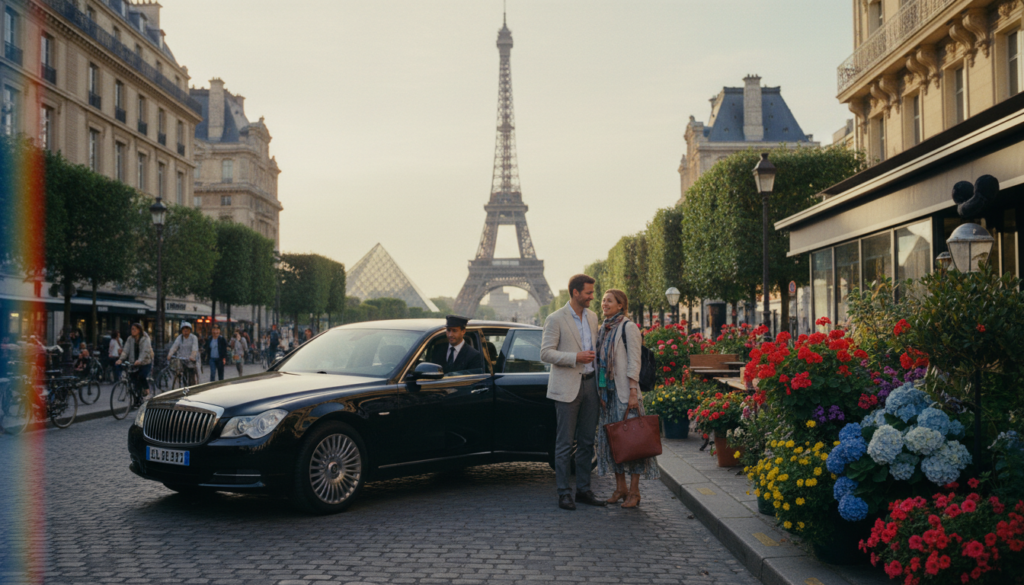 A private driver in a sleek black luxury vehicle waits by a charming Parisian street, showcasing iconic landmarks like the Eiffel Tower and the Louvre in the background. The scene is set in the soft morning light, creating a warm and inviting atmosphere. In the foreground, a well-dressed couple, wearing casual yet polished attire, speaks with the driver, looking excited about their half-day sightseeing tour. The middle ground features vibrant flowers from nearby shops, enhancing the picturesque streets of Paris. Shot from a slightly elevated angle with a wide lens to capture the luxury vehicle, the streets, and the vibrancy of the morning hustle in high-resolution 8k detail, evoking a sense of exploration and adventure in this beautiful city.