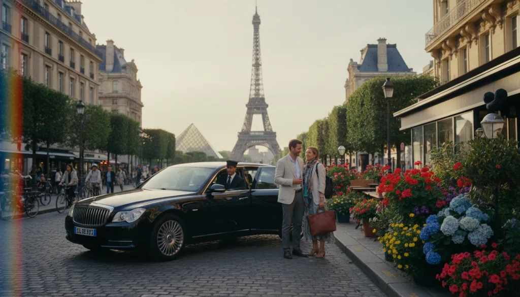 Súkromný vodič v elegantnom čiernom luxusnom vozidle čaká na pôvabnej parížskej ulici a v pozadí sa mu ukazujú ikonické pamiatky ako Eiffelova veža a Louvre. Scéna sa odohráva v mäkkom rannom svetle, ktoré vytvára príjemnú a príjemnú atmosféru. V popredí sa dobre oblečený pár v ležérnom, no zároveň elegantnom oblečení rozpráva s vodičom a vyzerá nadšene z ich poldennej prehliadky mesta. V strede záberu sú žiarivé kvety z okolitých obchodov, ktoré umocňujú malebné ulice Paríža. Záber je nasnímaný z mierne zvýšeného uhla so širokouhlým objektívom, aby sa zachytilo luxusné vozidlo, ulice a pulzujúca ranná atmosféra vo vysokom rozlíšení 8k, čo evokuje pocit objavovania a dobrodružstva v tomto krásnom meste.