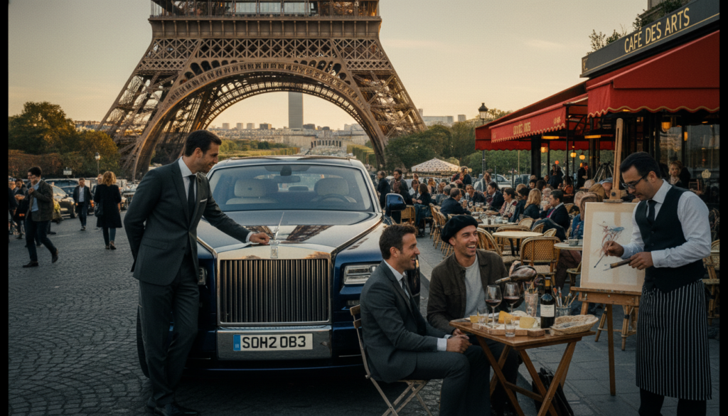 A private driver in a sleek, luxury car is parked in front of a famous Parisian landmark like the Eiffel Tower or the Louvre. In the foreground, the driver, dressed in a professional or modest casual outfit, stands beside the car, engaging with a small group of tourists who are immersed in a unique Parisian experience, such as a wine tasting or art workshop. The vibrant café scene in the middle ground adds life, with outdoor tables filled with other tourists and locals enjoying the ambiance of the city. The background showcases an iconic Paris skyline under soft, golden hour lighting, creating a warm and inviting mood. The image is captured in high detail, with rich textures and 8k resolution, emphasizing the luxurious and personalized nature of private driver tours in Paris.