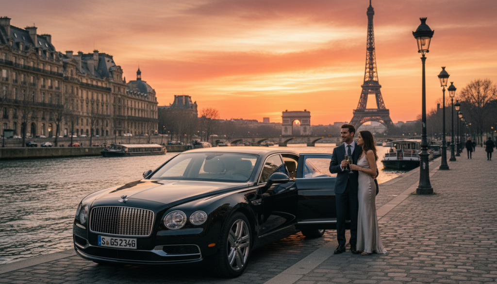 A private driver tour in Paris showcasing iconic landmarks like the Eiffel Tower, Louvre Museum, and Arc de Triomphe. In the foreground, a sleek black luxury car parked beside a couple of elegantly dressed tourists admiring the scenery, with Parisian architecture in the background. The middle ground features the sparkling Seine River, reflecting the beautiful buildings and the soft glow of streetlights. The background is filled with the silhouette of the Eiffel Tower against a warm sunset sky, creating a romantic atmosphere. Employ cinematic lighting with a golden hour hue, capturing highly detailed textures of the car and the historic landmarks. Shot in 8k resolution to emphasize the beauty of Paris.