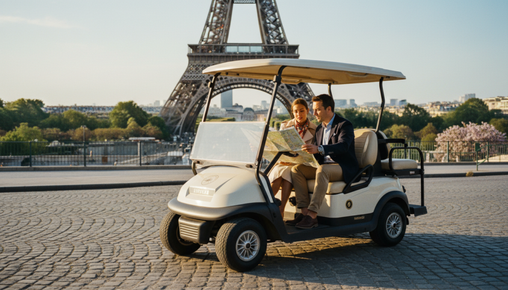 Парис хотод хувийн хөтөчтэй хувийн гольфын тэрэгний аялал хийж, алдарт Эйфелийн цамхагийн өмнө зогссон гоёмсог дизайнтай дур булаам гольфын тэргийг үзүүлэв. Урд талд нь гоёмсог энгийн хувцастай хөтөч загварлаг хэрнээ даруухан хувцасласан хоёр жуулчинтай уулзаж, газрын зургийг анхааралтай ажиглав. Арын дэвсгэр дээр өтгөн ногоон цэцэрлэг, үдээс хойшхи нарны гэрэлд умбасан Парисын архитектур, алтан цагийн гэрэлтүүлэг нь үзэгдлийн эрч хүчийг нэмэгдүүлэв. Найрлага нь тансаг байдал, хувь хүнд тохирсон туршлагын мөн чанарыг илэрхийлж, тавтай морилно уу, дотно уур амьсгалыг бүрдүүлэв. Зураг нь мартагдашгүй Парисын туршлагын бүх нарийн ширийн зүйлийг тодруулахын тулд 8k нягтралтай, бүтэц, тод байдалд анхаарлаа төвлөрүүлж, баялаг нарийвчлалтай байх ёстой.