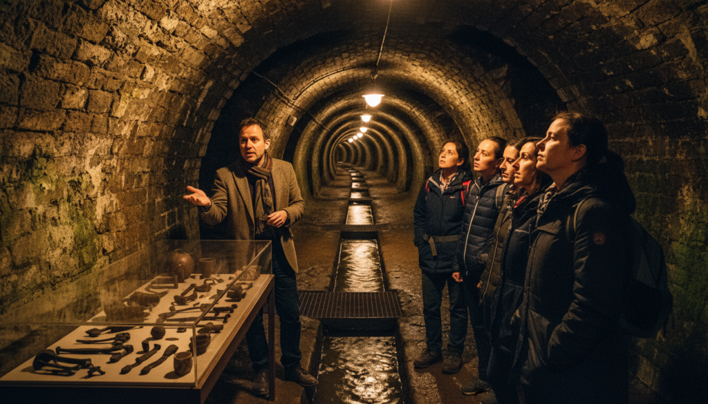 A private guided sewer museum tour scene in Paris, featuring a knowledgeable historian leading a small group of participants. In the foreground, the historian, dressed in professional attire, is passionately explaining historical artifacts, while the group attentively listens, displaying curiosity and intrigue. The middle ground showcases intricate stone archways and ancient sewer architecture, with detailed textures of the damp walls and flowing water below. The background reveals dimly lit tunnels, illuminated by soft, cinematic lighting that creates a warm, inviting atmosphere. The image captures a sense of exploration and education, with the play of shadows enhancing the historical ambiance. The scene is rendered in 8k resolution, highlighting the fine details of the surroundings.