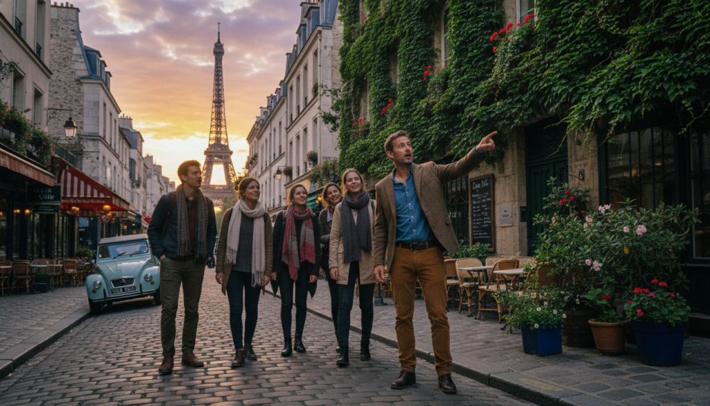 A private local guide showing a small group of travelers around a charming Parisian street, with cobblestones and vintage architecture. In the foreground, the guide, a professional in modest casual attire, enthusiastically gestures toward a historic building decorated with ivy. The travelers, dressed in comfortable clothing, appear engaged and curious. In the middle, quaint cafés and boutiques line the street, brimming with flowers and French charm. The background features the iconic silhouette of the Eiffel Tower against a vibrant sunset sky, casting warm golden light. The scene is captured in cinematic lighting, highlighting the textures of the buildings and the expressions of the participants, with an overall mood of discovery and intimacy. The image is in 8k resolution, emphasizing intricate details. A private local guide showing a small group of travelers around a charming Parisian street, with cobblestones and vintage architecture. In the foreground, the guide, a professional in modest casual attire, enthusiastically gestures toward a historic building decorated with ivy. The travelers, dressed in comfortable clothing, appear engaged and curious. In the middle, quaint cafés and boutiques line the street, brimming with flowers and French charm. The background features the iconic silhouette of the Eiffel Tower against a vibrant sunset sky, casting warm golden light. The scene is captured in cinematic lighting, highlighting the textures of the buildings and the expressions of the participants, with an overall mood of discovery and intimacy. The image is in 8k resolution, emphasizing intricate details.