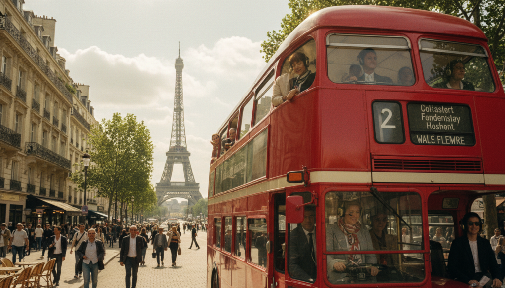 A red double-decker bus, iconic in design, is parked in the foreground of a bustling Parisian street. Passengers, dressed in casual yet professional attire, are seen enjoying the sights through the bus windows, some listening intently to audio guides, depicted as small headphones. The middle ground features the stunning architecture of Paris, showcasing the Eiffel Tower and charming Parisian buildings, all bathed in warm, cinematic lighting that enhances the vibrant red of the bus. The background is a slightly blurred view of a sunny Paris sky, creating a cheerful and inviting atmosphere. Capture the scene in 8k resolution with highly detailed textures to evoke the vibrant charm of the city and the joy of guided exploration.