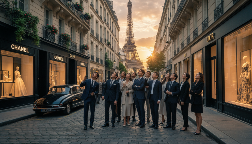 A refined guided fashion house tour unfolding in a Parisian street, showcasing iconic maisons like Chanel and Dior. In the foreground, a diverse group of stylish tourists, dressed in professional business attire, marvel at the exquisite window displays filled with haute couture. The middle ground features elegant architecture, including wrought iron balconies and classic French facades adorned with lush greenery. In the background, the Eiffel Tower peeks through soft clouds, bathed in warm, golden hour light. Capture this scene with a cinematic perspective using a wide-angle lens to emphasize the grandeur of the surroundings, ensuring highly detailed textures in an 8k resolution. The overall mood is sophisticated and inviting, immersing the viewer in the luxurious world of Parisian fashion.