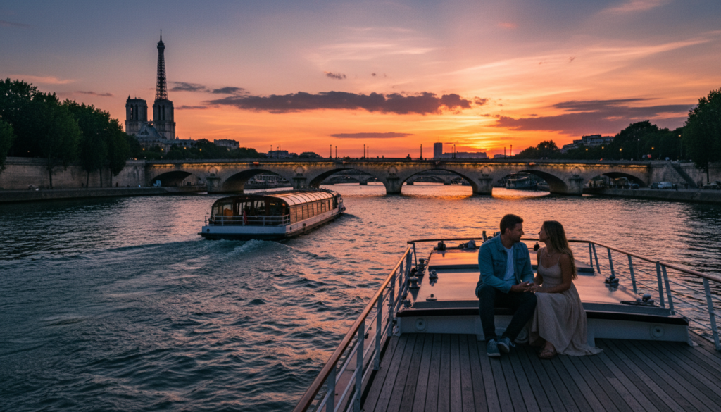 A romantic Seine River evening cruise at sunset, capturing a beautifully lit boat gliding smoothly along the shimmering water. In the foreground, a couple in modest casual clothing sits closely together on the deck, enjoying the serene atmosphere. The middle ground features elegantly arched bridges with soft golden lights reflecting on the water. The background showcases the iconic Paris skyline silhouetted against a vibrant sunset of oranges, pinks, and purples. Cinematic lighting enhances the scene, highlighting the intricate textures of the boat and the tranquil river. Shot with a wide-angle lens to capture the expansive view, this image conveys a sense of intimacy and peacefulness, inviting viewers to experience the magic of Paris at dusk. Highly detailed, 8k resolution.
