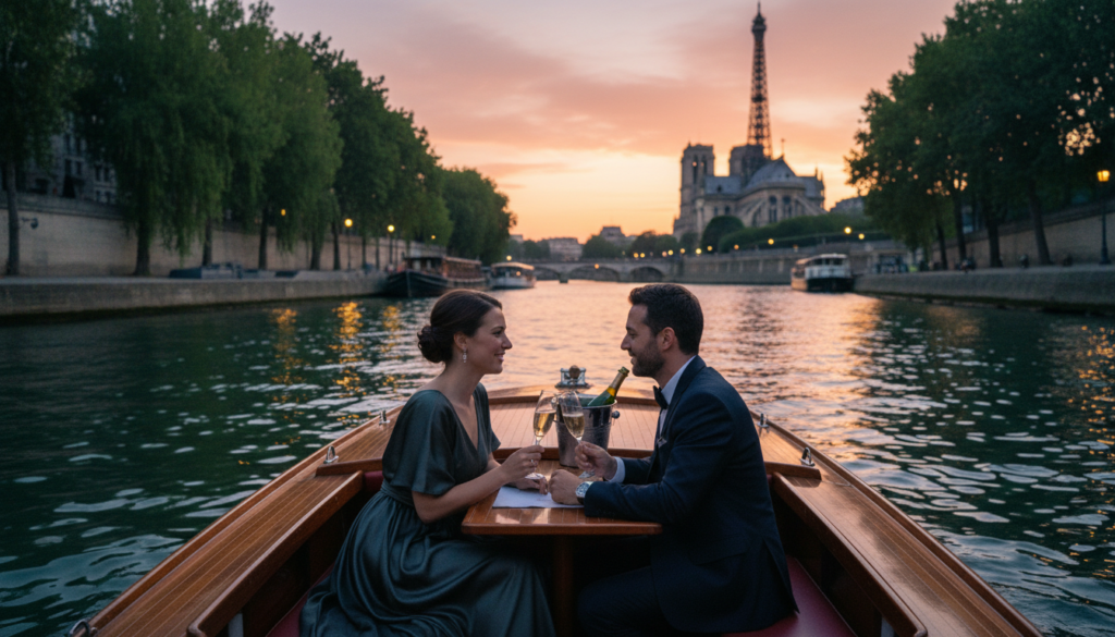 A romantic boat tour along the Seine River in Paris at sunset, featuring a charming wooden boat with a small table adorned with two flutes of champagne. In the foreground, the couple enjoys the magical moment, dressed in elegant evening attire, capturing the essence of romance. The middle ground showcases the serene river waters reflecting shades of orange, pink, and purple as the sun sets. In the background, iconic Parisian landmarks such as the Eiffel Tower and Notre-Dame Cathedral are softly illuminated against the darkening sky. The scene is framed with lush trees along the riverbanks, adding to the tranquil atmosphere. Utilize cinematic lighting to highlight the couple and the shimmering water, creating a highly detailed, 8k resolution image that evokes a peaceful and romantic mood.