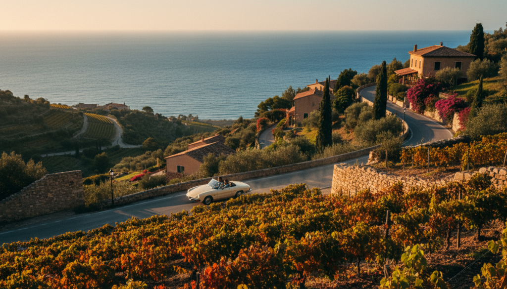 A scenic coastal route from Paris to the Mediterranean, featuring lush vineyards and terraced hillsides in the foreground, a winding coastal road with classic European architecture along the route in the middle ground, and the sparkling blue Mediterranean Sea meeting a clear sky in the background. The scene is bathed in golden hour lighting, emphasizing rich colors and deep shadows, capturing the warmth of sunset. Include a vintage convertible car cruising along the road, embodying the spirit of adventure in Southern Europe. The atmosphere is inviting and serene, evoking a sense of wanderlust and exploration. The image should be highly detailed, with textures vividly rendered, in stunning 8k resolution, resembling a raw photograph. A scenic coastal route from Paris to the Mediterranean, featuring lush vineyards and terraced hillsides in the foreground, a winding coastal road with classic European architecture along the route in the middle ground, and the sparkling blue Mediterranean Sea meeting a clear sky in the background. The scene is bathed in golden hour lighting, emphasizing rich colors and deep shadows, capturing the warmth of sunset. Include a vintage convertible car cruising along the road, embodying the spirit of adventure in Southern Europe. The atmosphere is inviting and serene, evoking a sense of wanderlust and exploration. The image should be highly detailed, with textures vividly rendered, in stunning 8k resolution, resembling a raw photograph.