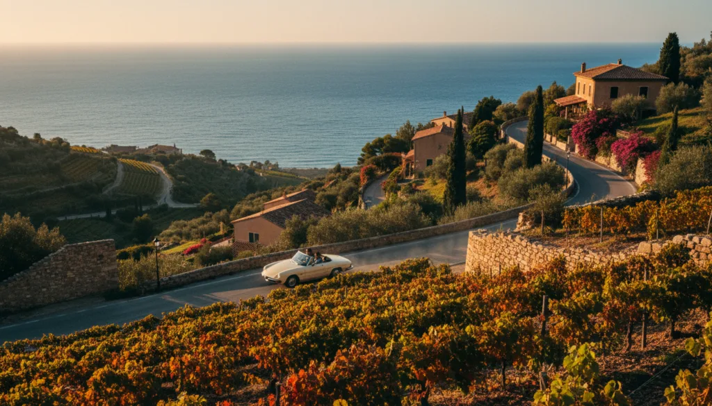 Una ruta costera panorámica desde París hasta el Mediterráneo, con exuberantes viñedos y laderas aterrazadas en primer plano, una sinuosa carretera costera con arquitectura clásica europea a lo largo del recorrido en el plano medio, y el brillante azul del mar Mediterráneo fundiéndose con un cielo despejado al fondo. La escena está bañada por la luz dorada del atardecer, que realza los colores intensos y las sombras profundas, capturando la calidez de la puesta de sol. Incluya un descapotable clásico recorriendo la carretera, que encarna el espíritu aventurero del sur de Europa. La atmósfera es acogedora y serena, evocando una sensación de ansias de viajar y explorar. La imagen debe tener un alto nivel de detalle, con texturas vívidamente representadas, en una impresionante resolución 8K, similar a una fotografía en bruto. Una ruta costera panorámica desde París hasta el Mediterráneo, con exuberantes viñedos y laderas aterrazadas en primer plano, una sinuosa carretera costera con arquitectura clásica europea a lo largo del recorrido en el plano medio, y el brillante azul del mar Mediterráneo fundiéndose con un cielo despejado al fondo. La escena está bañada por la luz dorada del atardecer, que realza los colores intensos y las sombras profundas, capturando la calidez de la puesta de sol. Incluya un descapotable clásico recorriendo la carretera, que encarna el espíritu aventurero del sur de Europa. La atmósfera es acogedora y serena, evocando una sensación de ansias de viajar y explorar. La imagen debe tener un alto nivel de detalle, con texturas vívidamente representadas, en una impresionante resolución 8K, similar a una fotografía en bruto.