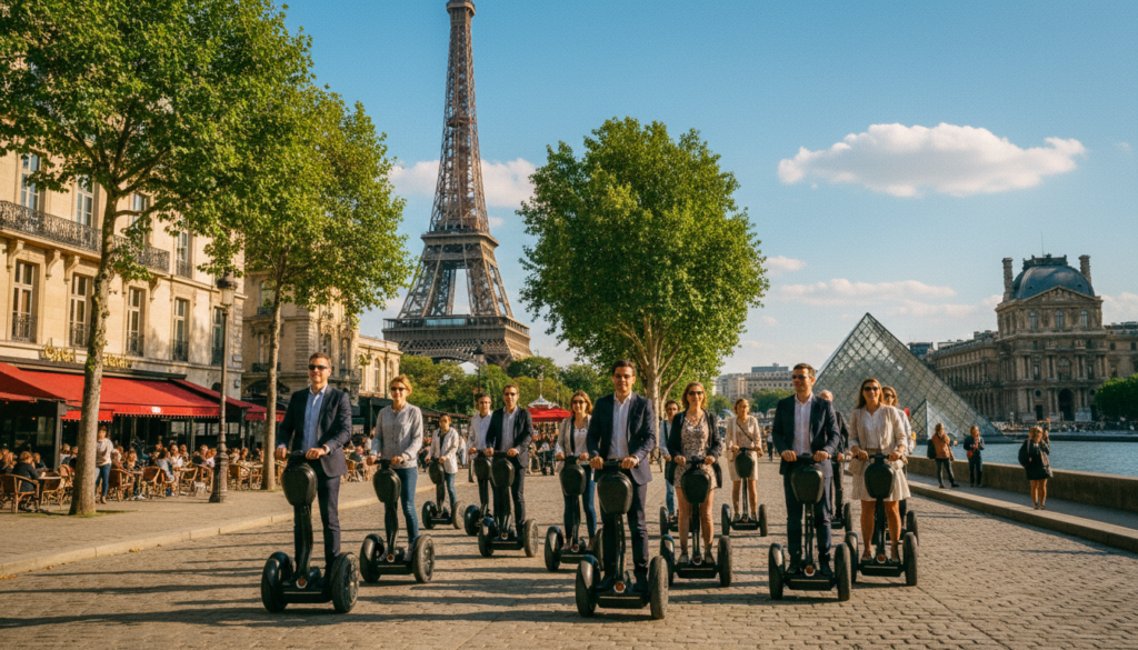 A scenic daytime view of a bustling Segway route in Paris, featuring several tourists in professional business attire and leisurely casual clothing, gliding along the impressive Seine River. In the foreground, a diverse group of Segway riders enjoys their tour, smiling as they pass iconic landmarks like the Eiffel Tower and the Louvre. The middle ground showcases lush trees, quaint cafes, and historical architecture, bathed in warm, golden sunlight that enhances the vibrant atmosphere. The background displays a clear blue sky with a few fluffy clouds, creating a lively and inviting mood. Captured with a cinematic lens, emphasizing sharp details and rich textures, in 8k resolution, highlighting the energy and excitement of exploring Paris on two wheels.