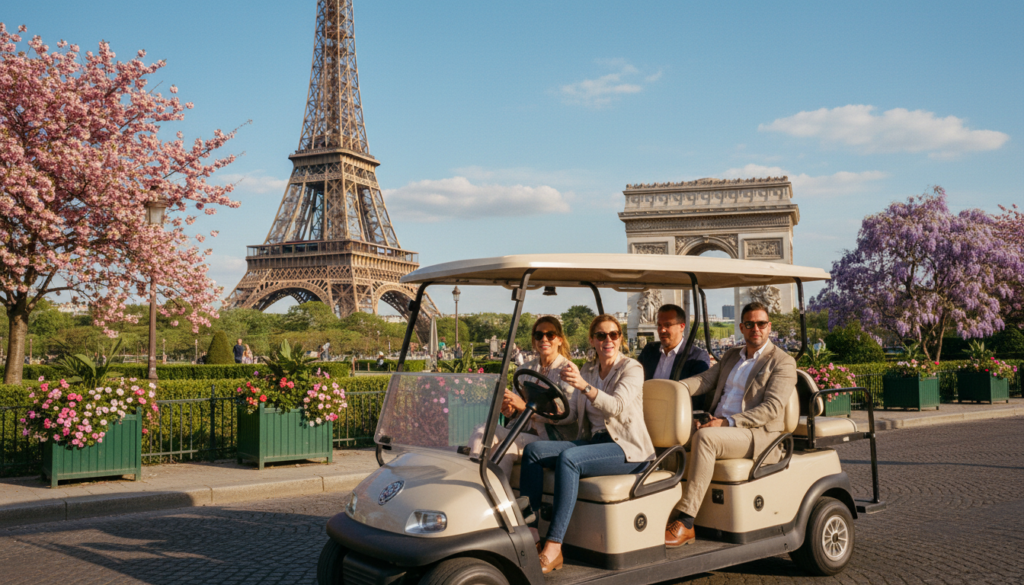 Парисын алдарт газруудаар аялж буй гольфын тэрэгний аяллын өдрийн үзэмж. Урд талд нь энгийн хэрнээ мэргэжлийн хувцастай, үзэсгэлэнт газруудыг үзэж байхдаа инээмсэглэсэн жуулчдаар дүүрэн загварлаг гольфын тэрэг харагдаж байна. Дунд хэсэгт нь Эйфелийн цамхаг, Арк де Ялалтын хаалга зэрэг алдартай газрууд тод ногоон байгууламж, цэцэглэн хөгжиж буй цэцэгсээр хүрээлэгдсэн байдаг. Арын дэвсгэр дээр зөөлөн, сэвсгэр үүлс бүхий цэлмэг цэнхэр тэнгэр нь Парисын гайхалтай уур амьсгалыг улам тодотгож өгдөг. Зохиолыг кино урлагийн гэрэлтүүлэгт буулгаж, тэрэгний бүтэц, түүхэн архитектурыг онцолж, дулаан, тавтай морилно уу уур амьсгалыг бий болгоход анхаарлаа хандуулсан. Зургийг нарийн төвөгтэй нарийн ширийн зүйлс, тод өнгийг тодруулахын тулд 8k нягтралтайгаар авсан.