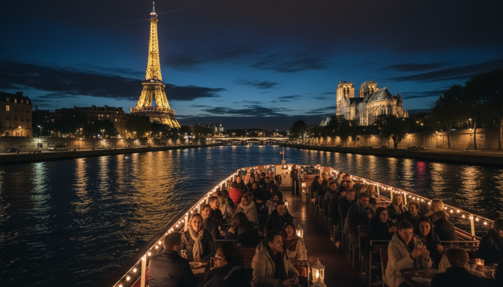 A scenic river boat tour in Paris at night, showcasing illuminated landmarks like the Eiffel Tower and Notre-Dame Cathedral. The foreground features a beautifully lit boat filled with passengers enjoying the view, dressed in modest casual attire. In the middle ground, the Seine River reflects the vibrant city lights, while the background reveals the iconic silhouette of Parisian architecture against the night sky. The atmosphere is enchanting and romantic, enhanced by soft, cinematic lighting casting warm glows on the water. The scene is captured in a raw photograph style with highly detailed textures, shot in 8k resolution, from a slightly elevated angle to encompass the stunning view.