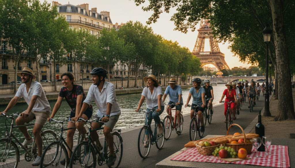 A scenic view along the Seine River showcasing a vibrant bicycle tour. In the foreground, a group of diverse cyclists in professional and casual attire ride their bicycles, joyful expressions on their faces. The middle ground features charming Parisian architecture and lush trees lining the pathway, evoking a sense of exploration. A picnic spread with a classic French baguette and fresh fruit can be seen to one side, highlighting leisure activities. In the background, the iconic Eiffel Tower towers above the river, bathed in golden hour light that casts a warm glow. Capture this moment with a raw, highly detailed 8k resolution, emphasizing the textures of the cyclists' clothing and the reflections in the water, creating a lively, inviting atmosphere.