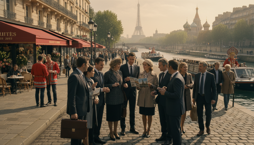 A scenic view depicting a group of tourists enjoying a day trip from Paris, showcasing the charm of Russian culture intertwined with French landmarks. In the foreground, a guided group, dressed in professional business attire, is engaged in lively discussion, pointing to a travel brochure featuring iconic sights like the Eiffel Tower and the Louvre. The middle ground features a picturesque Parisian street bustling with cafés and flower shops, with people casually strolling and appreciating the architecture. In the background, the Seine River glistens under soft, golden hour lighting, with boats gently drifting. Shot with a wide-angle lens, the image captures the vibrant mood of exploration and cultural exchange in high detail, emphasizing textures in clothing and surroundings. The atmosphere is warm and inviting, reminiscent of a perfect day in Paris.