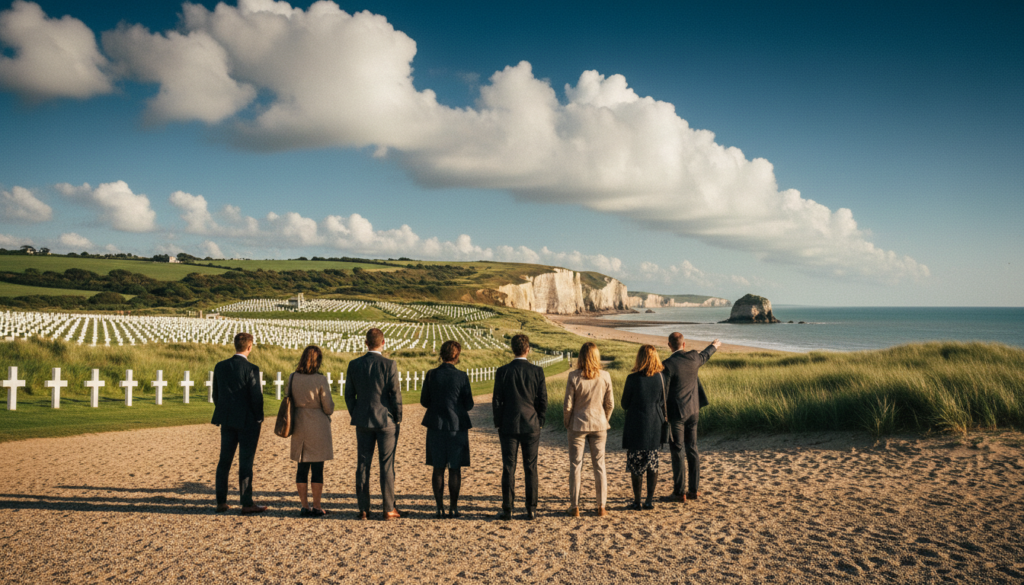 A scenic view of D-Day landing beaches in Normandy, showcasing historical sites such as Omaha Beach and the American Cemetery. In the foreground, a small group of tourists in professional attire are gazing at the ocean, with a guide pointing towards historical landmarks. The middle ground features rolling green hills dotted with memorials and markers, with evocative clouds overhead casting dramatic shadows. In the background, the historic cliffs stand resolutely against a vibrant blue sky. The image captures a sense of solemn reflection and connection to history, with cinematic lighting that highlights the textures of the sand and grass. Shot in 8k resolution, using a wide-angle lens to encapsulate the breadth of the landscape, emphasizing the atmosphere of remembrance and exploration. A scenic view of D-Day landing beaches in Normandy, showcasing historical sites such as Omaha Beach and the American Cemetery. In the foreground, a small group of tourists in professional attire are gazing at the ocean, with a guide pointing towards historical landmarks. The middle ground features rolling green hills dotted with memorials and markers, with evocative clouds overhead casting dramatic shadows. In the background, the historic cliffs stand resolutely against a vibrant blue sky. The image captures a sense of solemn reflection and connection to history, with cinematic lighting that highlights the textures of the sand and grass. Shot in 8k resolution, using a wide-angle lens to encapsulate the breadth of the landscape, emphasizing the atmosphere of remembrance and exploration.
