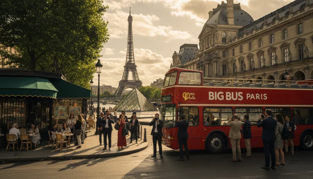 Isang magandang tanawin ng isang Big Bus Tour sa Paris, na nagtatampok ng iconic na pulang double-decker bus na nakaparada malapit sa Louvre Museum sa harapan, kasama ang mga turistang may iba't ibang pinagmulan na nakasuot ng propesyonal na kasuotan na kumukuha ng mga litrato. Sa gitnang lugar, nasisiyahan ang mga tao sa iba't ibang karanasan, tulad ng paghigop ng kape sa isang kakaibang sidewalk café at paggalugad sa mga art gallery. Ang Eiffel Tower ay marilag na nakaharap sa likuran, na naliligo sa mainit at sinematikong ilaw na lumilikha ng isang ginintuang kapaligiran ng oras. Kunan ang sigla ng Paris, kasama ang mga malalagong puno na nakahanay sa mga kalye at detalyadong arkitektura na sumasalamin sa kagandahan ng lungsod. Ang imahe ay dapat magkaroon ng 8k na resolusyon at lubos na detalyadong mga texture, na nagbibigay ng makatotohanang pakiramdam sa quintessential na karanasang ito sa Paris.
