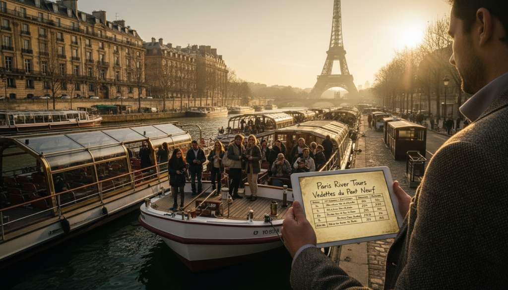 A scenic view of a Paris river boat tour experience, featuring a busy dock with elegant boats ready for departure. In the foreground, a detailed comparison chart showing duration, routes, and pricing across different operators on a tablet held by a traveler dressed in smart casual attire. The middle ground displays tourists boarding the boats, including diverse individuals engaging in conversation, all surrounded by quaint Parisian architecture along the riverbank. The background features the iconic silhouette of the Eiffel Tower, partially shrouded in soft morning mist, with gentle sunlight illuminating the scene. Use cinematic lighting to create a warm, inviting atmosphere, highlighting the intricate textures of the boats and the charming urban landscape. Capture this in 8k resolution for a highly detailed, photorealistic effect.
