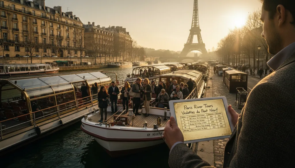 Une vue pittoresque d'une croisière sur la Seine à Paris, avec un quai animé où d'élégants bateaux sont prêts à partir. Au premier plan, un tableau comparatif détaillé, sur une tablette, indique la durée, les itinéraires et les tarifs de différents opérateurs. Un voyageur en tenue décontractée chic tient un tableau à la main. Au second plan, des touristes embarquent, certains discutant, entourés par le charme de l'architecture parisienne le long des quais. En arrière-plan se dessine la silhouette emblématique de la Tour Eiffel, partiellement voilée par une douce brume matinale, baignée par une lumière tamisée. Utilisez un éclairage cinématographique pour créer une atmosphère chaleureuse et accueillante, mettant en valeur les textures des bateaux et le charme du paysage urbain. Filmez en résolution 8K pour un rendu photoréaliste et ultra-détaillé. Une vue pittoresque d'une croisière sur la Seine à Paris, avec un quai animé où d'élégants bateaux sont prêts à partir. Au premier plan, un tableau comparatif détaillé, sur une tablette, indique la durée, les itinéraires et les tarifs de différents opérateurs. Un voyageur en tenue décontractée chic tient un tableau à la main. Au second plan, des touristes embarquent, certains discutant, entourés par le charme de l'architecture parisienne le long des quais. En arrière-plan se dessine la silhouette emblématique de la Tour Eiffel, partiellement voilée par une douce brume matinale, baignée par une lumière tamisée. Utilisez un éclairage cinématographique pour créer une atmosphère chaleureuse et accueillante, mettant en valeur les textures des bateaux et le charme du paysage urbain. Filmez en résolution 8K pour un rendu photoréaliste et ultra-détaillé.