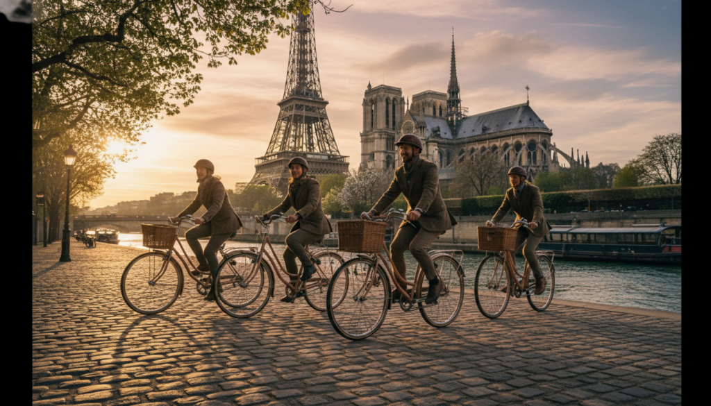A scenic view of a bicycle tour in Paris, featuring cyclists pedaling along the picturesque Seine River. In the foreground, a group of cyclists dressed in casual yet professional attire is riding vintage-style bicycles, enjoying the vibrant atmosphere. The middle ground includes iconic Parisian landmarks like the Eiffel Tower and Notre-Dame, framed by lush, green trees lining the path. The background showcases soft, cloud-streaked skies illuminated by warm, golden hour light, casting long shadows. The overall mood is cheerful and adventurous, reflecting the joy of exploring Paris by bike. The image should have highly detailed textures, cinematic lighting, and be in 8k resolution to capture the essence of this unique cycling experience.