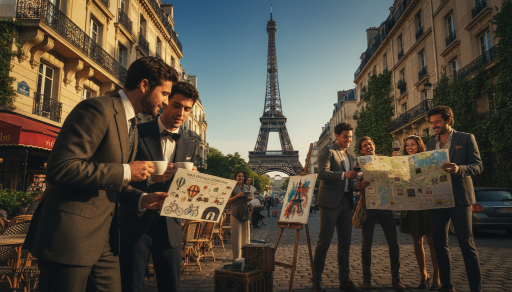 A scenic view of a charming Parisian café bustling with people discussing unusual tours, set on a cobblestone street lined with historic buildings. In the foreground, a stylishly dressed couple looks at a colorful travel brochure featuring unique itinerary options while sipping coffee. The middle layer showcases a street artist painting iconic Paris landmarks, and a small group of friends laughing over a map highlighting quirky tour routes. The background features the Eiffel Tower rising against a clear blue sky, bathed in warm, golden cinematic lighting. Capture this scene in highly detailed textures and 8k resolution, conveying a vibrant, inviting atmosphere that inspires adventure and exploration. A scenic view of a charming Parisian café bustling with people discussing unusual tours, set on a cobblestone street lined with historic buildings. In the foreground, a stylishly dressed couple looks at a colorful travel brochure featuring unique itinerary options while sipping coffee. The middle layer showcases a street artist painting iconic Paris landmarks, and a small group of friends laughing over a map highlighting quirky tour routes. The background features the Eiffel Tower rising against a clear blue sky, bathed in warm, golden cinematic lighting. Capture this scene in highly detailed textures and 8k resolution, conveying a vibrant, inviting atmosphere that inspires adventure and exploration.