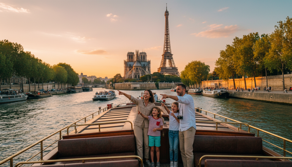 A scenic view of a family-friendly river boat tour on the Seine in Paris. In the foreground, a cheerful family with children, all dressed in casual, modest clothing, enjoying their time together on a spacious riverboat, pointing at famous landmarks. In the middle ground, the iconic Parisian skyline features the Notre-Dame Cathedral and the Eiffel Tower, bathed in warm, golden sunset light. A few other riverboats glide by, filled with families and friends, creating a lively atmosphere. The background showcases lush green trees lining the riverbanks, enhancing the idyllic setting. The image should have cinematic lighting and highly detailed textures, captured in 8k resolution to highlight the joy and beauty of exploring Paris by water.