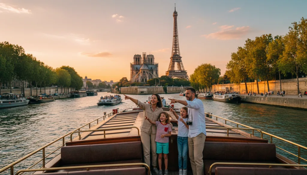 Une vue pittoresque d'une croisière fluviale familiale sur la Seine à Paris. Au premier plan, une famille joyeuse avec enfants, tous vêtus de façon décontractée et sobre, profite de son temps ensemble sur un bateau spacieux, désignant du doigt les monuments célèbres. Au second plan, la silhouette emblématique de Paris se dessine avec la cathédrale Notre-Dame et la tour Eiffel, baignées par la douce lumière dorée du coucher de soleil. Quelques autres bateaux glissent sur l'eau, remplis de familles et d'amis, créant une ambiance animée. En arrière-plan, la végétation luxuriante qui borde les berges contribue à la beauté du cadre. L'image devrait bénéficier d'un éclairage cinématographique et de textures très détaillées, capturées en résolution 8K pour sublimer le plaisir et la beauté d'explorer Paris depuis l'eau. Une vue pittoresque d'une croisière fluviale familiale sur la Seine à Paris. Au premier plan, une famille joyeuse avec enfants, tous vêtus de façon décontractée et sobre, profite de son temps ensemble sur un bateau spacieux, désignant du doigt les monuments célèbres. Au second plan, la silhouette emblématique de Paris se dessine avec la cathédrale Notre-Dame et la tour Eiffel, baignées par la douce lumière dorée du coucher de soleil. Quelques autres bateaux glissent sur l'eau, remplis de familles et d'amis, créant une ambiance animée. En arrière-plan, la végétation luxuriante qui borde les berges contribue à la beauté du cadre. L'image devrait bénéficier d'un éclairage cinématographique et de textures très détaillées, capturées en résolution 8K pour sublimer le plaisir et la beauté d'explorer Paris depuis l'eau.