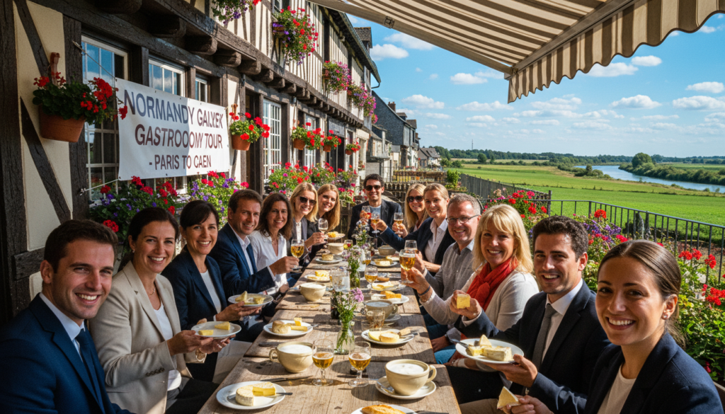 A scenic view of a guided tour in Normandy, originating from Paris, focused on food and culture. In the foreground, a cheerful group of tourists, in professional business attire and modest casual clothing, savoring local dishes, such as Camembert cheese and apple cider, at a quaint outdoor café. In the middle ground, a historic Normandy building with traditional architecture, like half-timbered houses adorned with flowering balconies. The background features rolling green hills and a subtle glimpse of the Seine river, under a clear blue sky. The atmosphere is warm and inviting, enhanced by soft, cinematic lighting that highlights the vibrant colors of the food and scenery. Captured in 8k resolution with sharp focus and rich textures to evoke a sense of cultural richness. A scenic view of a guided tour in Normandy, originating from Paris, focused on food and culture. In the foreground, a cheerful group of tourists, in professional business attire and modest casual clothing, savoring local dishes, such as Camembert cheese and apple cider, at a quaint outdoor café. In the middle ground, a historic Normandy building with traditional architecture, like half-timbered houses adorned with flowering balconies. The background features rolling green hills and a subtle glimpse of the Seine river, under a clear blue sky. The atmosphere is warm and inviting, enhanced by soft, cinematic lighting that highlights the vibrant colors of the food and scenery. Captured in 8k resolution with sharp focus and rich textures to evoke a sense of cultural richness.