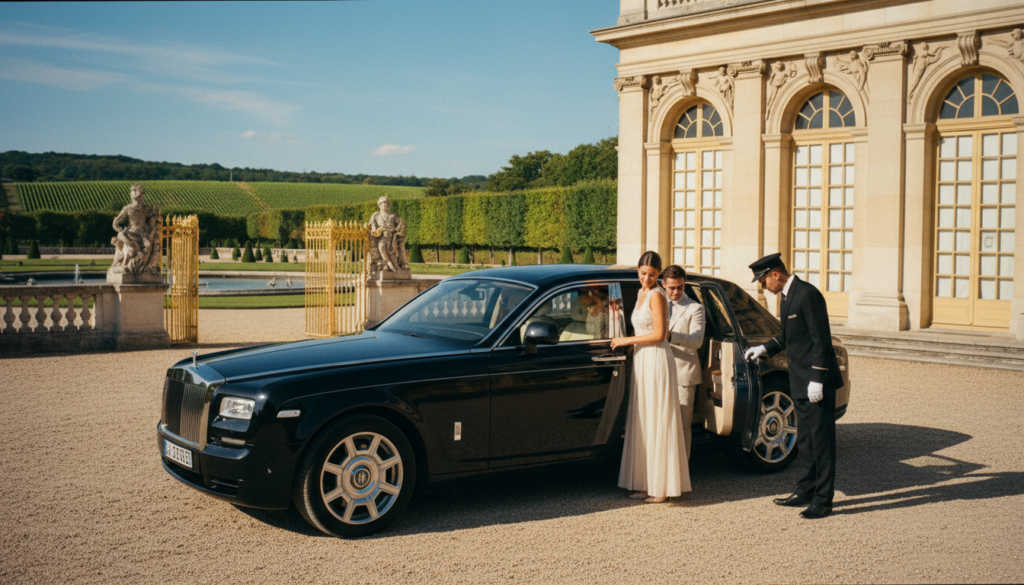 A scenic view of a private driver day trip from Paris, showcasing a sleek black luxury car parked in front of the grand Palace of Versailles, capturing intricate architectural details and lush gardens. In the foreground, a well-dressed driver opens the rear door, ready to escort elegantly dressed tourists. The middle ground features vibrant green trees and the stunning palace facade, while the background reveals a distant glimpse of the Champagne region's rolling vineyards under a clear blue sky. The atmosphere is bright and inviting, with soft, cinematic lighting that highlights the luxury of the experience. Shot from a slightly elevated angle to capture depth, with highly detailed textures in 8k resolution.