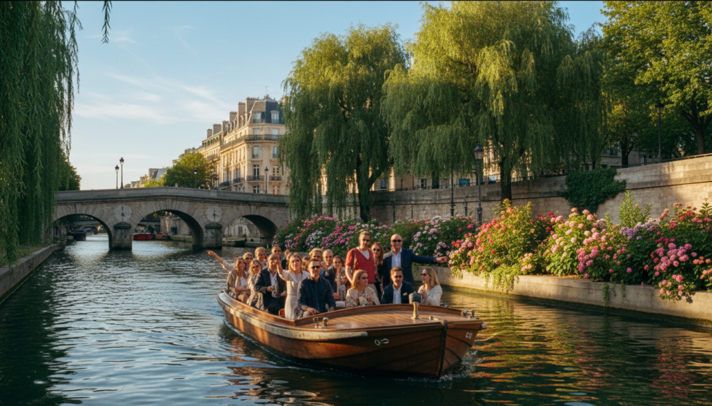 A scenic view of a tranquil canal beyond the Seine in Paris, featuring charming boats gliding through gentle waters lined with lush greenery and historic stone bridges. In the foreground, a classic wooden boat carries tourists dressed in smart casual attire, enjoying the serene environment. The middle ground is filled with vibrant flowers along the banks, reflecting the essence of Parisian charm, while cheerful willows sway gently in the breeze. In the background, picturesque buildings with ornate facades rise against a clear blue sky. The scene is captured during golden hour, with warm, cinematic lighting illuminating the textures of the boats and surrounding nature, creating a peaceful, inviting atmosphere. High-resolution, 8k details enhance the beauty of this idyllic waterway experience.
