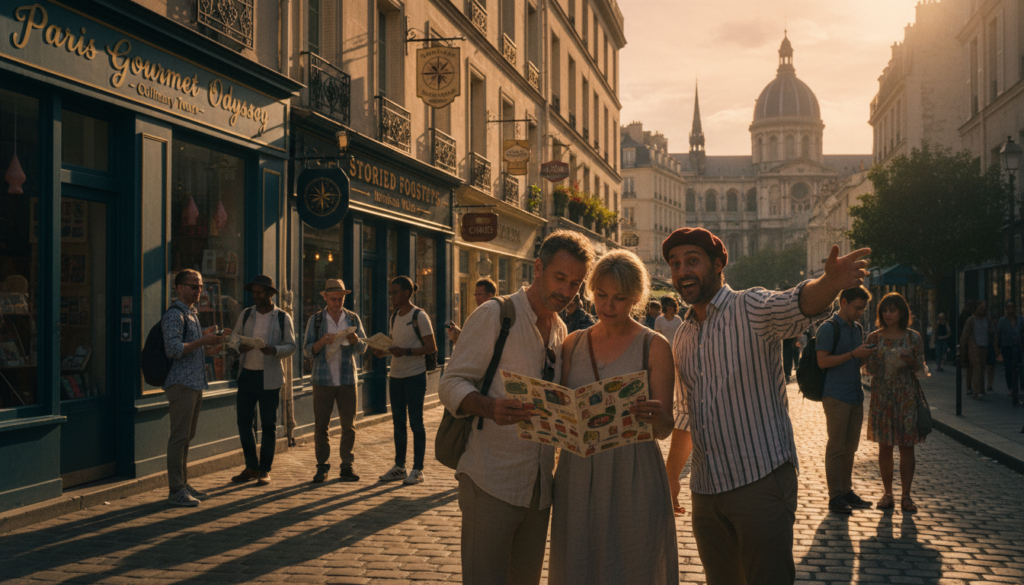 A scenic view of a vibrant Paris street bustling with activity, showcasing a diverse group of tourists browsing unique tour options. In the foreground, a middle-aged couple, dressed in modest casual clothing, intently examines a colorful brochure, while a local guide gestures enthusiastically. The middle ground features charming boutique shops with signs advertising distinctive tours, such as gourmet food tastings and historical walking excursions. The background displays iconic Parisian architecture under a soft golden sunset, casting cinematic lighting that enhances the warm and inviting atmosphere. Captured in 8k resolution with highly detailed textures, emphasizing the lively street ambiance and sense of adventure in exploring Paris. A scenic view of a vibrant Paris street bustling with activity, showcasing a diverse group of tourists browsing unique tour options. In the foreground, a middle-aged couple, dressed in modest casual clothing, intently examines a colorful brochure, while a local guide gestures enthusiastically. The middle ground features charming boutique shops with signs advertising distinctive tours, such as gourmet food tastings and historical walking excursions. The background displays iconic Parisian architecture under a soft golden sunset, casting cinematic lighting that enhances the warm and inviting atmosphere. Captured in 8k resolution with highly detailed textures, emphasizing the lively street ambiance and sense of adventure in exploring Paris.