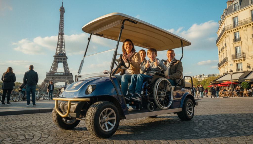 Парис хотод гэр бүлүүдэд зориулсан тэргэнцэртэй хүмүүст зориулсан гольфын тэрэгний аяллын үзэсгэлэнт дүр зураг, урд талд нь хөгжилтэй гэр бүл, тэргэнцэртэй хүүхэдтэй хамт гольфын тэргийг жолоодож буй эцэг эх харагдаж байна. Дунд хэсэгт нь Эйфелийн цамхаг, дур булаам кафе зэрэг Парисын алдарт газруудыг харуулсан бөгөөд гудамжны эрч хүчтэй амьдралыг тодотгож өгдөг. Арын дэвсгэр дээр цэнхэр тэнгэр, дээр нь хөвсгөр үүлс хөвж буй нарлаг Парисын өдрийг буулгасан. Энэ үзэгдэл нь баялаг бүтэцтэй бөгөөд архитектур болон гольфын тэрэгний дизайны нарийн ширийн зүйлийг онцолж өгдөг. Кино урлагийн гэрэлтүүлэг нь зураг дээр дулаан, урин дуудах өнгө аясыг тусгаж, баяр баясгалантай уур амьсгалыг сайжруулдаг. Зураг авалтыг бага зэрэг өндөр өнцгөөс авсан бөгөөд гэр бүлийн туршлагыг төвлөрүүлж, Парисын гоо үзэсгэлэнг харуулсан. Гайхалтай тод байдлын тулд 8k нягтралтай.