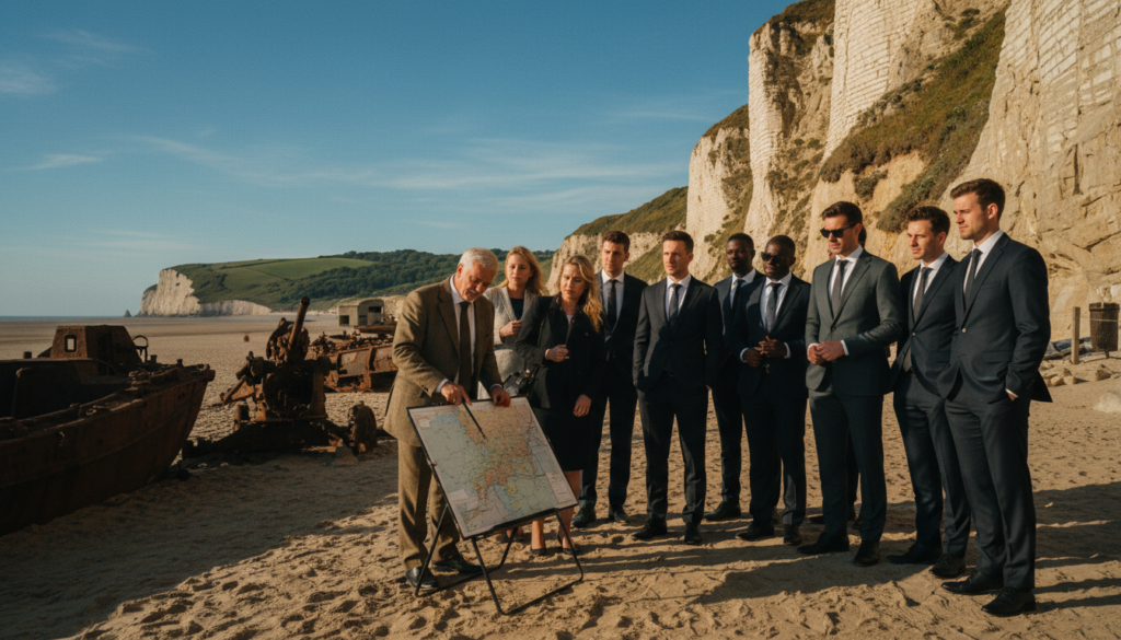 A scenic view showcasing a historical and military heritage tour in Normandy, with a group of diverse tourists dressed in professional business attire, exploring a well-preserved World War II site. In the foreground, the tourists are interacting with a knowledgeable guide pointing at a detailed map, evoking a sense of discovery and learning. The middle ground features iconic landmarks like the cliffs of Omaha Beach and remnants of historical military equipment, bathed in warm, golden hour lighting. The background reveals a serene landscape of rolling green hills and blue skies, enhancing the tranquil yet poignant atmosphere of the site. Use cinematic lighting with highly detailed textures in 8k resolution to capture the essence of history and remembrance. A scenic view showcasing a historical and military heritage tour in Normandy, with a group of diverse tourists dressed in professional business attire, exploring a well-preserved World War II site. In the foreground, the tourists are interacting with a knowledgeable guide pointing at a detailed map, evoking a sense of discovery and learning. The middle ground features iconic landmarks like the cliffs of Omaha Beach and remnants of historical military equipment, bathed in warm, golden hour lighting. The background reveals a serene landscape of rolling green hills and blue skies, enhancing the tranquil yet poignant atmosphere of the site. Use cinematic lighting with highly detailed textures in 8k resolution to capture the essence of history and remembrance.
