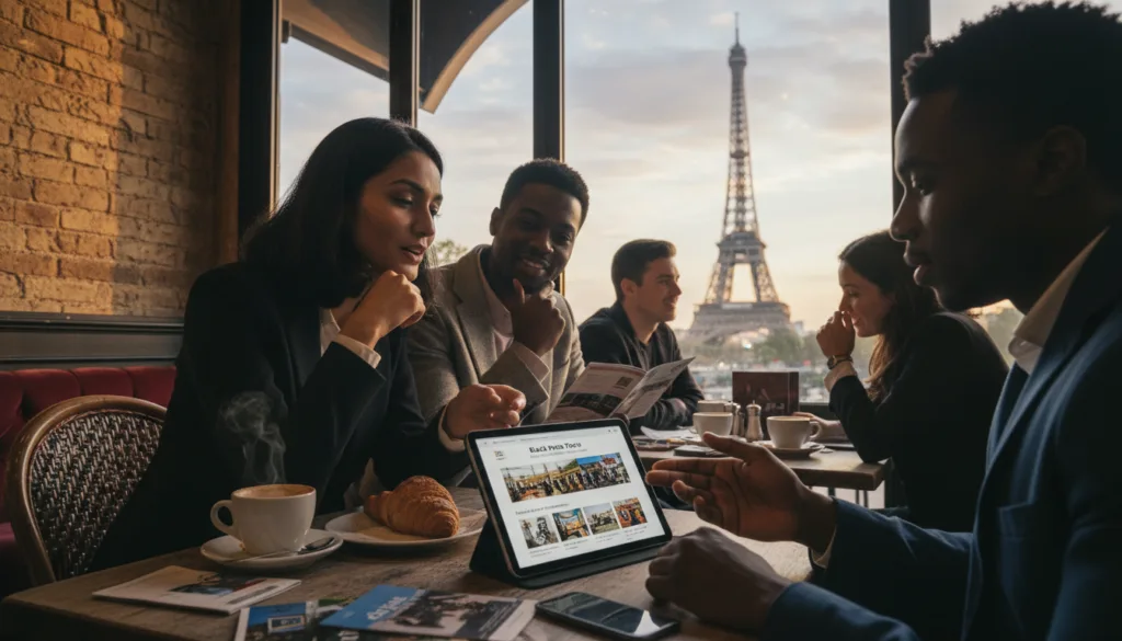 Une scène sereine et accueillante se déroule dans un café parisien contemporain. On y voit un groupe de touristes aux profils variés, discutant de la réservation de visites guidées sur le thème de la culture noire à Paris. Au premier plan, une tablette affiche un site web proposant des circuits touristiques, entourée de tasses de café et de brochures. Au second plan, un couple élégant, dont l'un désigne l'écran, se tient debout. À l'arrière-plan, la Tour Eiffel, emblématique, est doucement illuminée par la douce lumière dorée du crépuscule, créant une atmosphère magique. L'image doit avoir un rendu photographique brut, avec un éclairage cinématographique, mettant en valeur la texture de l'intérieur du café et les vues extérieures. Capturée en résolution 8K, elle doit susciter l'enthousiasme et la curiosité pour la découverte du patrimoine culturel parisien. Une scène sereine et accueillante se déroule dans un café parisien contemporain. On y voit un groupe de touristes aux profils variés, discutant de la réservation de visites guidées sur le thème de la culture noire à Paris. Au premier plan, une tablette affiche un site web proposant des circuits touristiques, entourée de tasses de café et de brochures. Au second plan, un couple élégant, dont l'un désigne l'écran, se tient debout. À l'arrière-plan, la Tour Eiffel, emblématique, est doucement illuminée par la douce lumière dorée du crépuscule, créant une atmosphère magique. L'image doit avoir un rendu photographique brut, avec un éclairage cinématographique, mettant en valeur la texture de l'intérieur du café et les vues extérieures. Capturée en résolution 8K, elle doit susciter l'enthousiasme et la curiosité pour la découverte du patrimoine culturel parisien.