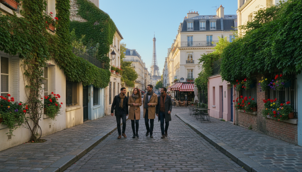 A serene scene of a "hidden Paris neighborhoods walking tour," capturing a quaint cobblestone street lined with charming, ivy-clad buildings in soft pastel colors. In the foreground, a small group of travelers in casual attire explore the area, showcasing a sense of camaraderie and adventure. The middle ground features a cozy café with outdoor seating and colorful flower boxes, inviting passersby to indulge. In the background, Parisian architecture rises against a clear blue sky, with the distant outline of the Eiffel Tower. The lighting is warm and golden, reminiscent of late afternoon, casting gentle shadows that enhance the rich textures of the scene. Shot in 8k resolution with cinematic lighting, evoking a mood of exploration and discovery in this hidden gem of the city. A serene scene of a "hidden Paris neighborhoods walking tour," capturing a quaint cobblestone street lined with charming, ivy-clad buildings in soft pastel colors. In the foreground, a small group of travelers in casual attire explore the area, showcasing a sense of camaraderie and adventure. The middle ground features a cozy café with outdoor seating and colorful flower boxes, inviting passersby to indulge. In the background, Parisian architecture rises against a clear blue sky, with the distant outline of the Eiffel Tower. The lighting is warm and golden, reminiscent of late afternoon, casting gentle shadows that enhance the rich textures of the scene. Shot in 8k resolution with cinematic lighting, evoking a mood of exploration and discovery in this hidden gem of the city.