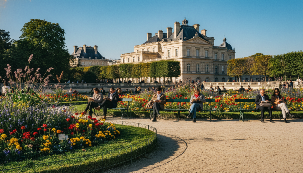 A serene view of Jardin du Luxembourg in Paris, showcasing its lush greenery and vibrant flowerbeds. In the foreground, a stone pathway winds through neatly trimmed hedges, leading to elegantly arranged flower displays in a variety of colors. The middle ground features classic wrought-iron benches where visitors sit in modest contemporary clothing, leisurely enjoying the atmosphere. In the background, the grand Luxembourg Palace stands majestically against a clear blue sky, surrounded by mature trees casting gentle shadows. Soft, cinematic lighting adds warmth to the scene, enhancing the textures of the foliage and flowers. The overall mood is peaceful and inviting, capturing the essence of this essential Parisian garden in stunning 8k resolution. A serene view of Jardin du Luxembourg in Paris, showcasing its lush greenery and vibrant flowerbeds. In the foreground, a stone pathway winds through neatly trimmed hedges, leading to elegantly arranged flower displays in a variety of colors. The middle ground features classic wrought-iron benches where visitors sit in modest contemporary clothing, leisurely enjoying the atmosphere. In the background, the grand Luxembourg Palace stands majestically against a clear blue sky, surrounded by mature trees casting gentle shadows. Soft, cinematic lighting adds warmth to the scene, enhancing the textures of the foliage and flowers. The overall mood is peaceful and inviting, capturing the essence of this essential Parisian garden in stunning 8k resolution.