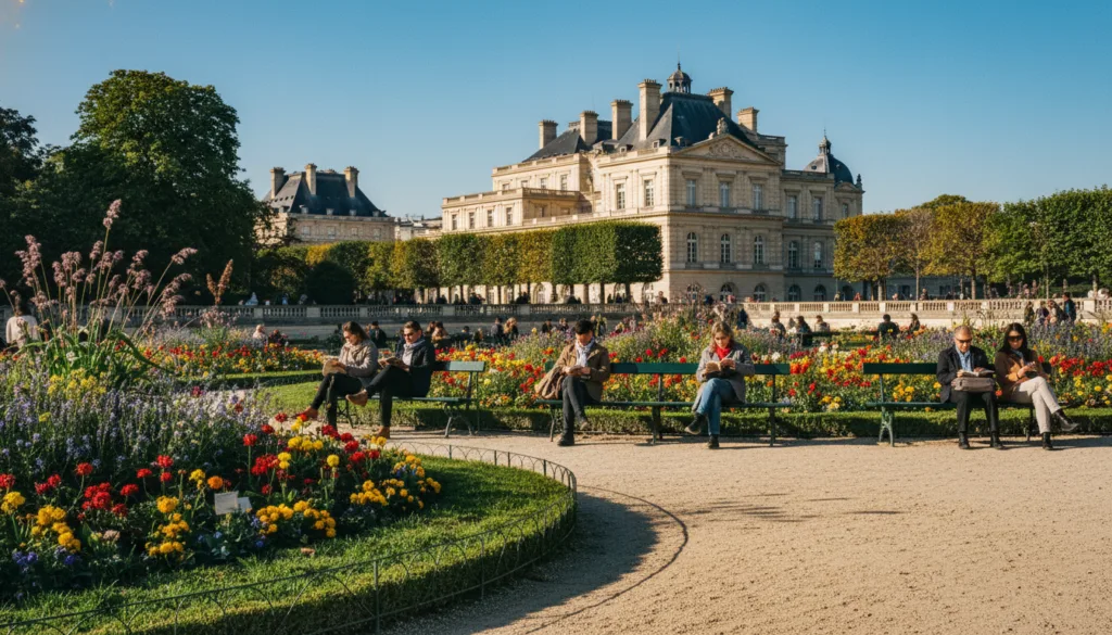 Una serena vista del Jardín de Luxemburgo en París, que muestra su exuberante vegetación y vibrantes parterres. En primer plano, un sendero de piedra serpentea entre setos cuidadosamente recortados, conduciendo a elegantes arreglos florales en una variedad de colores. En el plano medio, se aprecian bancos clásicos de hierro forjado donde los visitantes, vestidos con modesta ropa contemporánea, se sientan a disfrutar del ambiente. Al fondo, el majestuoso Palacio de Luxemburgo se alza imponente contra un cielo azul claro, rodeado de árboles maduros que proyectan suaves sombras. Una iluminación suave y cinematográfica aporta calidez a la escena, realzando las texturas del follaje y las flores. El ambiente general es tranquilo y acogedor, capturando la esencia de este jardín parisino imprescindible en una impresionante resolución 8K.