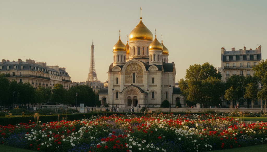 A serene view of Russian heritage sites in Paris, prominently featuring the stunning Orthodox Cathedral of the Holy Trinity with its golden domes glistening under soft, warm sunlight. In the foreground, well-manicured gardens with blooming flowers create a vibrant contrast. The middle ground showcases the cathedral surrounded by classic Parisian architecture and trees gently swaying in the breeze, evoking a peaceful atmosphere. In the background, glimpses of the Eiffel Tower and Parisian rooftops subtly blend into the skyline. The scene is captured in a raw photograph style with cinematic lighting, emphasizing highly detailed textures, and rendered in 8k resolution to highlight the architectural beauty and cultural richness of the setting. The overall mood is inviting and reflective, perfect for illustrating Russian heritage in the heart of Paris.