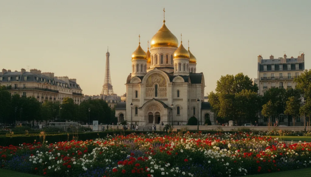 Una serena vista de los lugares emblemáticos del patrimonio ruso en París, con la impresionante Catedral Ortodoxa de la Santísima Trinidad como protagonista, cuyas cúpulas doradas brillan bajo una suave y cálida luz solar. En primer plano, jardines impecablemente cuidados con flores en plena floración crean un vibrante contraste. En el plano medio, la catedral se ve rodeada de la arquitectura clásica parisina y árboles que se mecen suavemente con la brisa, evocando una atmósfera de paz. Al fondo, se vislumbran la Torre Eiffel y los tejados parisinos que se funden sutilmente con el horizonte. La escena está capturada con un estilo fotográfico crudo y una iluminación cinematográfica que enfatiza las texturas con gran detalle, y renderizada en resolución 8K para resaltar la belleza arquitectónica y la riqueza cultural del entorno. El ambiente general es acogedor y reflexivo, perfecto para ilustrar el patrimonio ruso en el corazón de París.